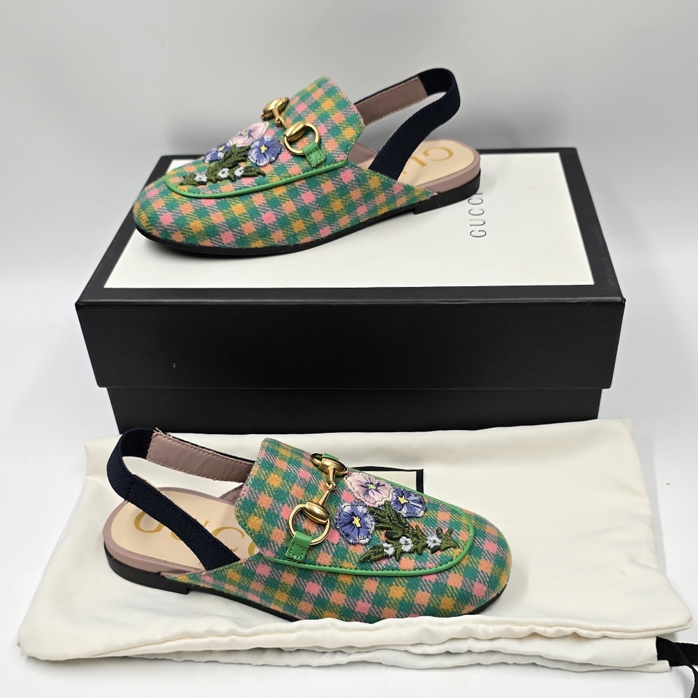 Gucci Princetown Plaid/Floral Slingback Mids Mules - size 28